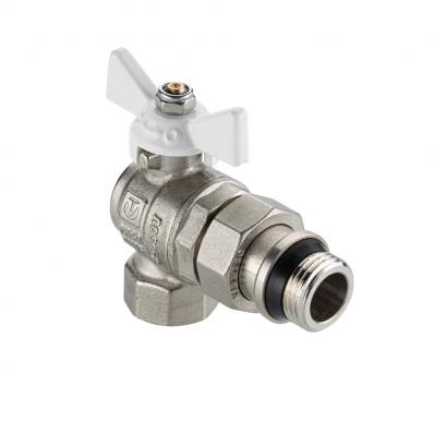 Кран шаровой BASE-ГОСТ угл со сгоном и штуцером с белой рукояткой-бабочкой вн.-нар. DN15, PN40, 1/2"