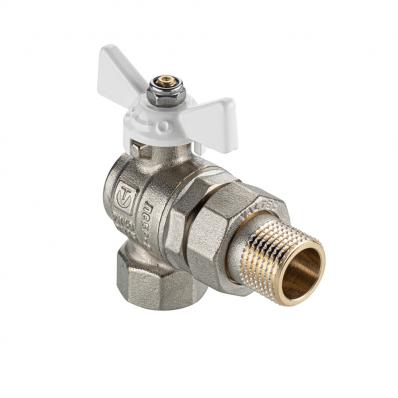 Кран шаровой BASE-ГОСТ угловой со сгоном с белой рукояткой-бабочкой вн.-нар. DN15, PN40, 1/2"